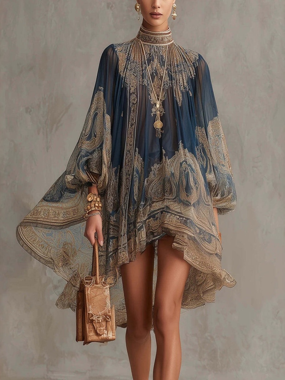 Sheer Navy & Gold High-Neck Boho Mini Dress